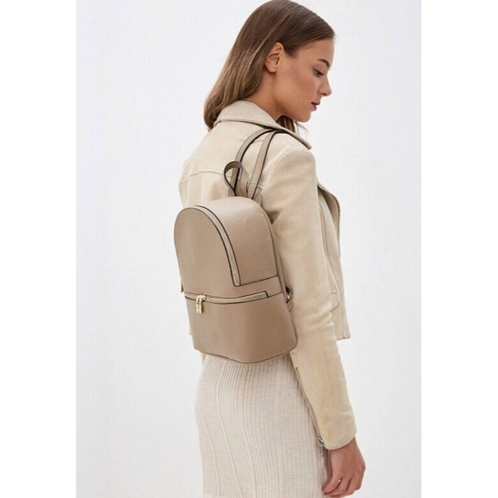 Pebbled Genuine Italian Leather Backpack Beige Mini Bag Made In Italy Purse